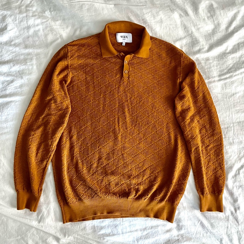 Wax London Oban Knit Long Sleeve Polo - Caramel (XL, fits like Large)